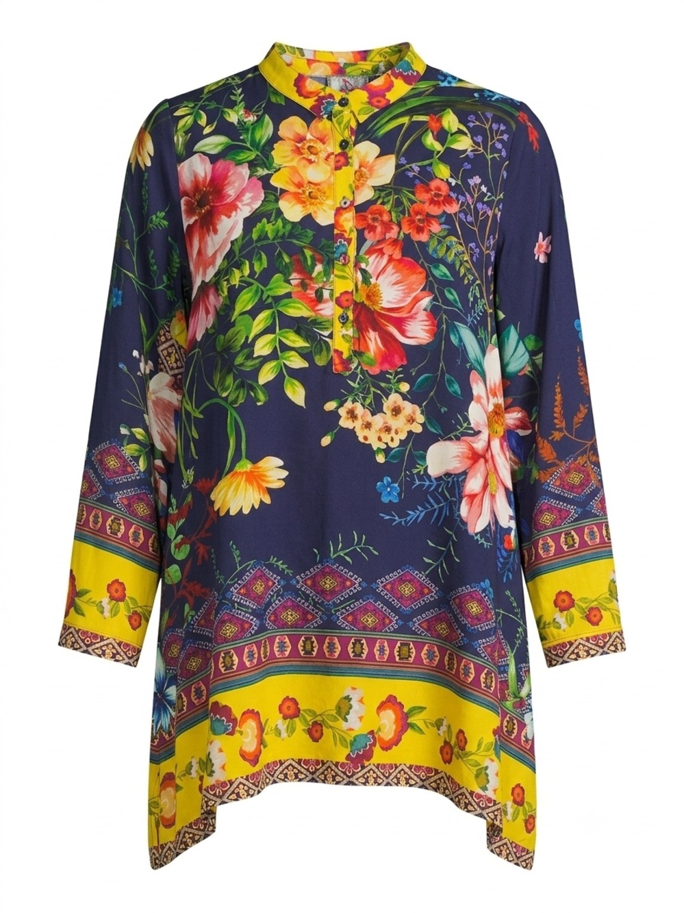 Johnny Was Blue Yellow Floral Tunic Dress Asymmetrical Roll Tab Sleeves Sz Small